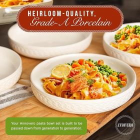 Pasta Bowls Set for 4 - Dinner Bowl Plates - Blates - Flat Dinnerware - Large Shallow White Dishes - Big Rimmed Porcelain Serving Dish for Eating