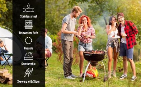 Skewers for Grilling - 17" Stainless Steel Flat Blade with Push Slider | Reusable & Dishwasher Safe | BBQ Skewers and Shish Kabob | Set of 8