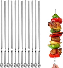 12PCS Kabob Skewers Flat Metal BBQ Barbecue Skewers 16" Long Hook Style Stainless Steel Shish Kebob Sticks Wide Sharp Reusable Grilling Skewers S