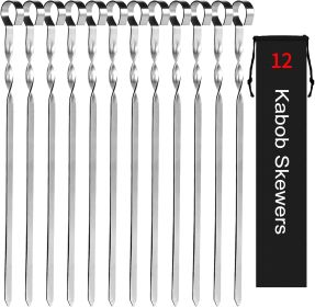 Kabob Skewers 14" Stainless Steel Long BBQ Barbecue Skewers, Flat Metal Kebob Sticks Wide Reusable Grilling Skewers for Meat Chicken